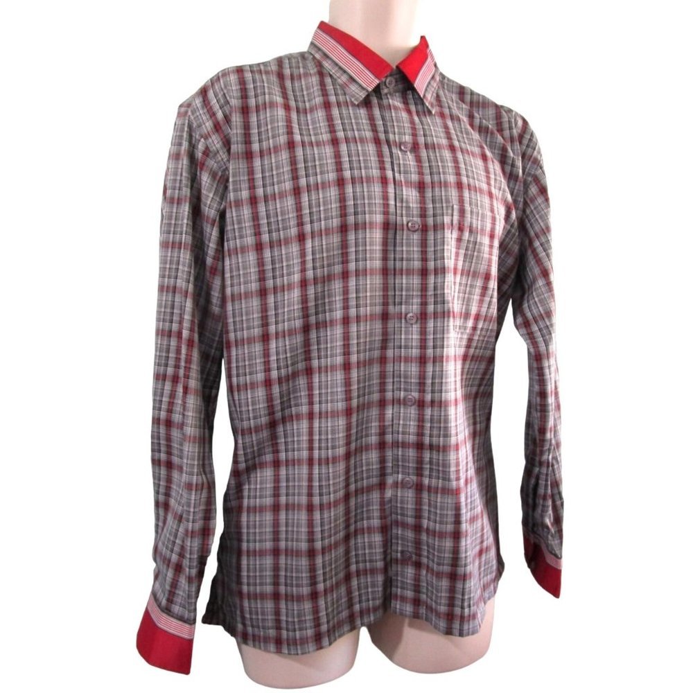 Marc Italy Plaid Shirt Sateen Collar Cuffs Mens 17/42 Black Red No Tuck EUC